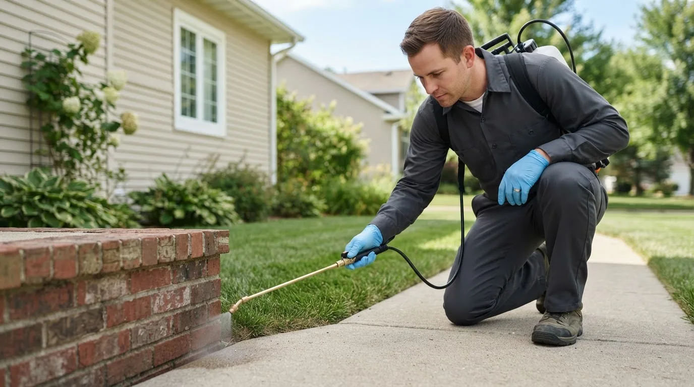 Pest control technician treating a home near Greenville, IN