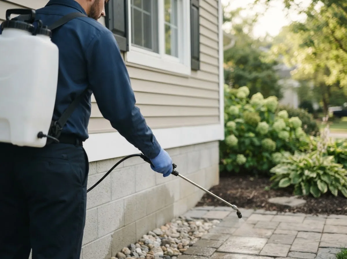 Pest control technician inspecting a home in Greenville, IN